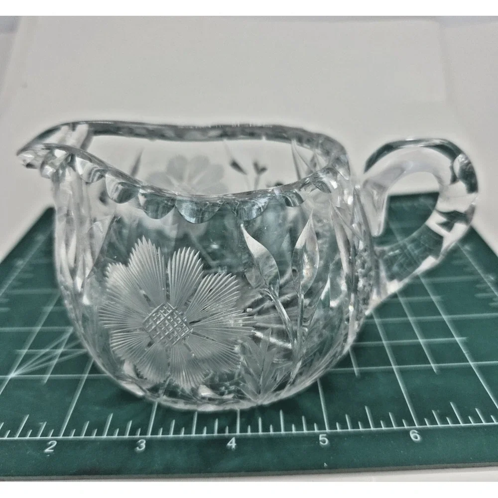 Vintage American Brilliant Cut Glass Creamer and Sugar Bowl Set Etched Floral